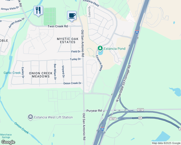 map of restaurants, bars, coffee shops, grocery stores, and more near 12803-12899 Old San Antonio Road in Manchaca