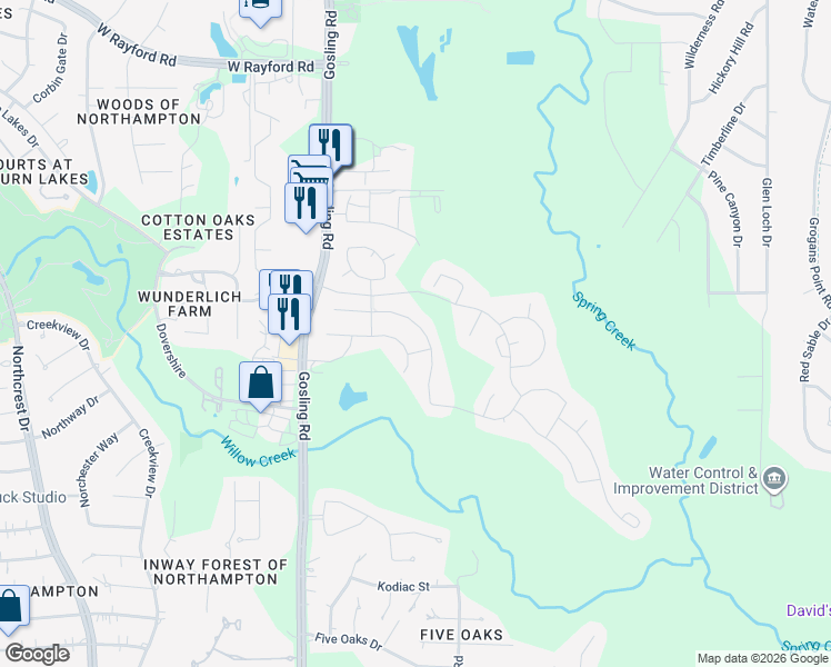 map of restaurants, bars, coffee shops, grocery stores, and more near 5418 Glenfield Spring Lane in Spring