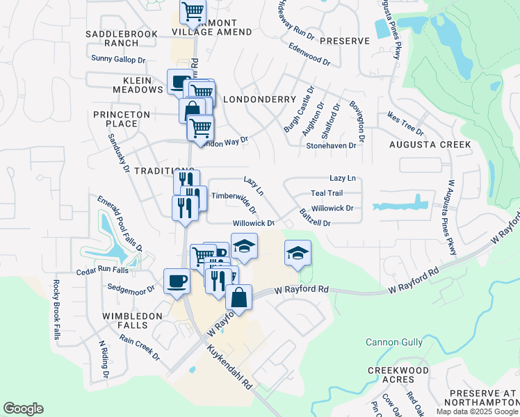 map of restaurants, bars, coffee shops, grocery stores, and more near 8202 Timberwilde Drive in Spring