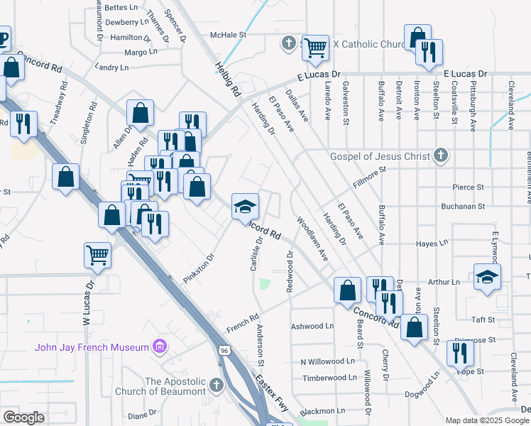 map of restaurants, bars, coffee shops, grocery stores, and more near 3870 Ernestine Drive in Beaumont