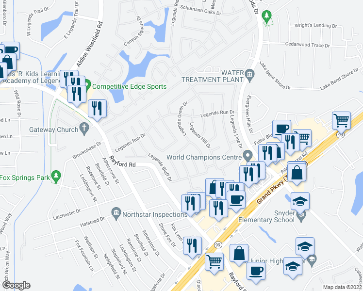 map of restaurants, bars, coffee shops, grocery stores, and more near 3047 Legends York Drive in Spring