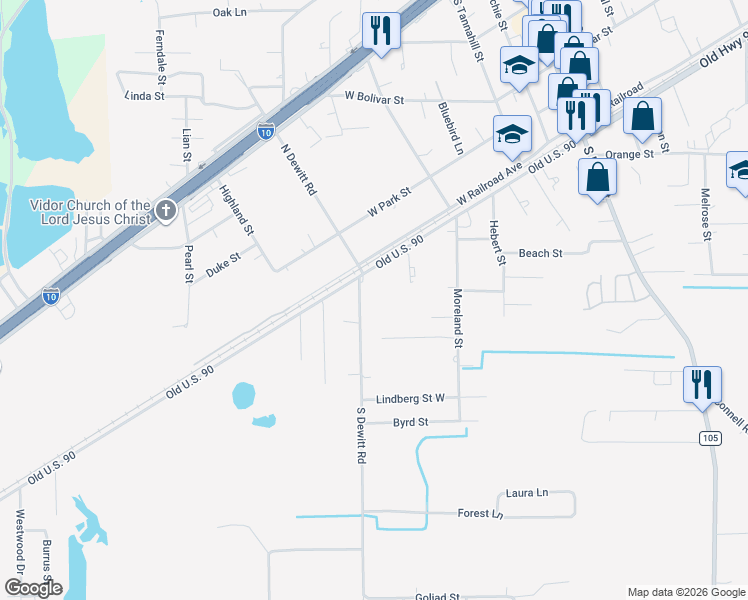 map of restaurants, bars, coffee shops, grocery stores, and more near 175 S Dewitt Rd in Vidor