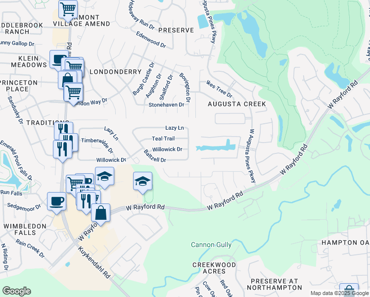 map of restaurants, bars, coffee shops, grocery stores, and more near 7802 Willowick Drive in Spring