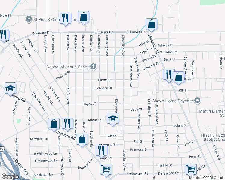 map of restaurants, bars, coffee shops, grocery stores, and more near 2367 Buchanan St in Beaumont