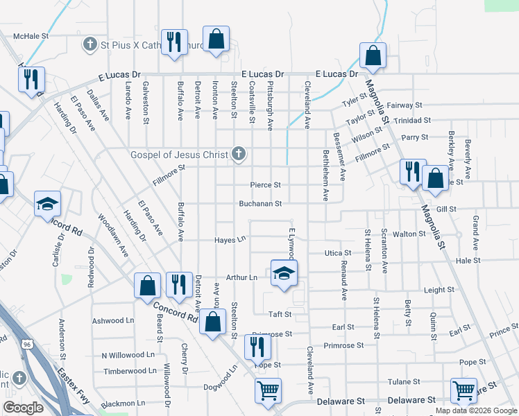 map of restaurants, bars, coffee shops, grocery stores, and more near 2479 Buchanan Street in Beaumont