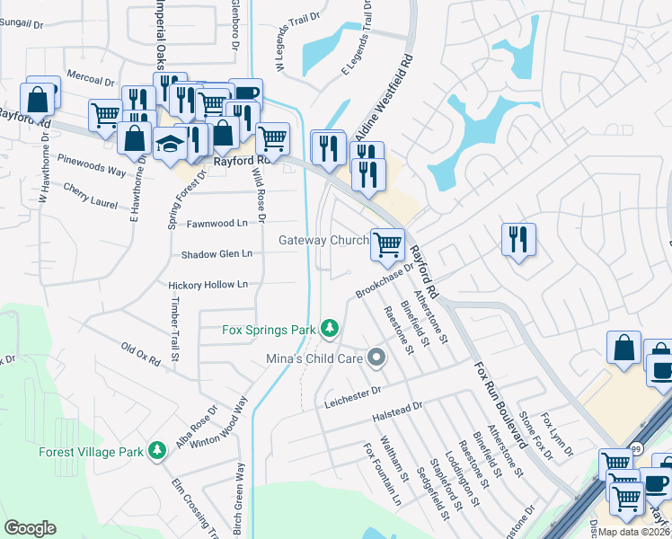 map of restaurants, bars, coffee shops, grocery stores, and more near 29714 Spring Terrace Drive in Spring