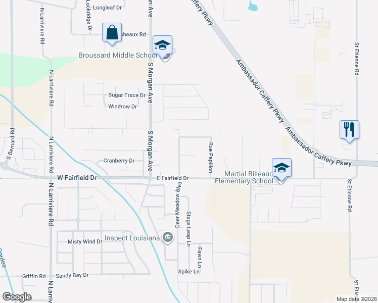 map of restaurants, bars, coffee shops, grocery stores, and more near 105 Rue Campagne in Broussard