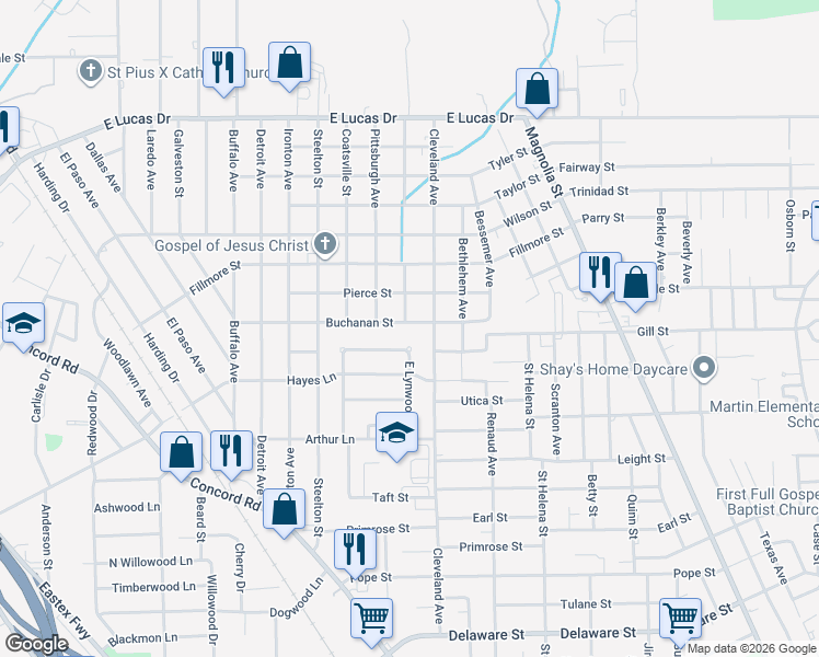 map of restaurants, bars, coffee shops, grocery stores, and more near 2355 Buchanan Street in Beaumont