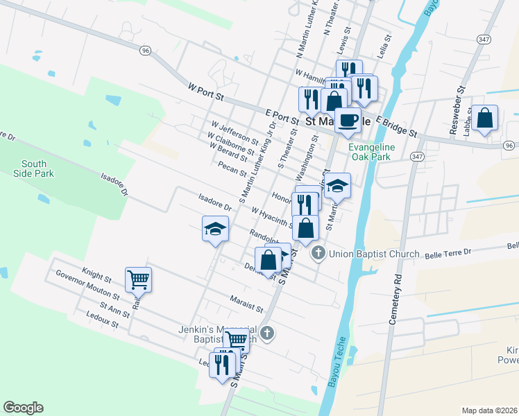 map of restaurants, bars, coffee shops, grocery stores, and more near 630 South Theater Street in Saint Martinville