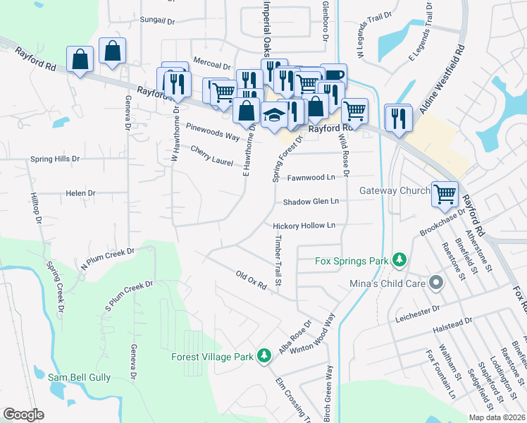 map of restaurants, bars, coffee shops, grocery stores, and more near 29705 Spring Forest Drive in Spring