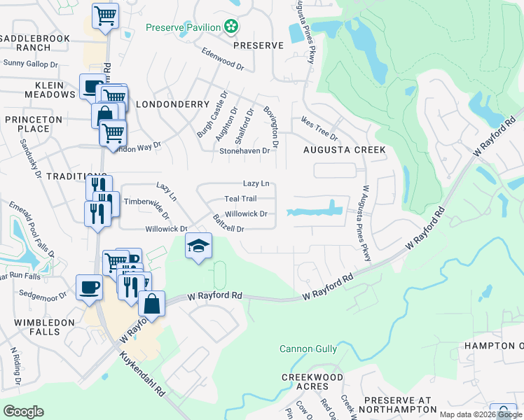 map of restaurants, bars, coffee shops, grocery stores, and more near 7802 Willowick Drive in Spring