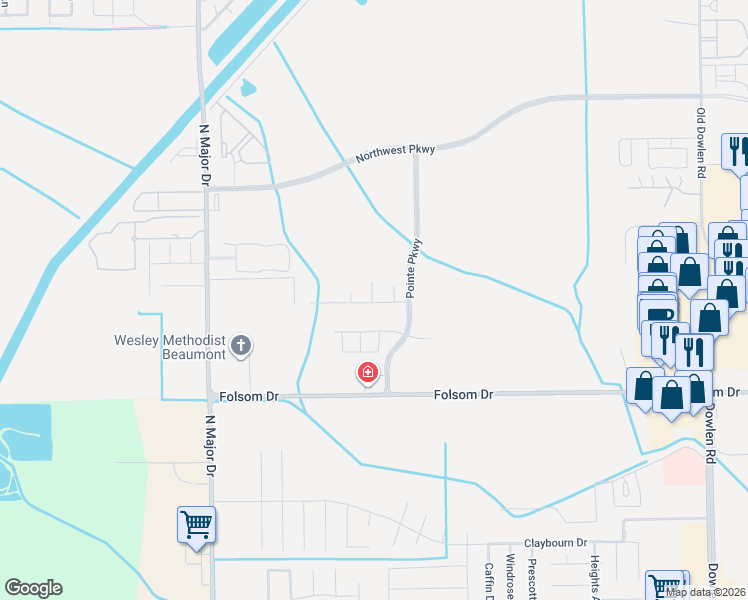 map of restaurants, bars, coffee shops, grocery stores, and more near 6556 Pointe Park Drive in Beaumont