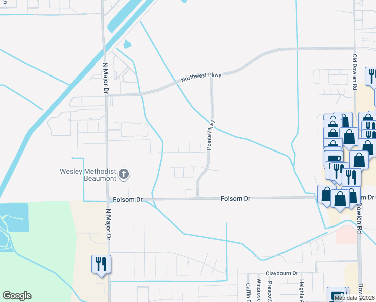 map of restaurants, bars, coffee shops, grocery stores, and more near 6556 Pointe Park Drive in Beaumont