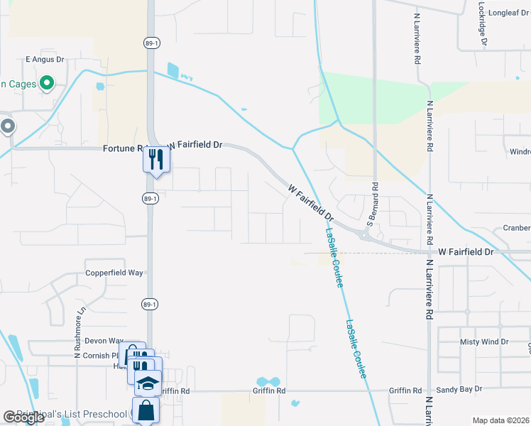 map of restaurants, bars, coffee shops, grocery stores, and more near Rattan Way in Broussard