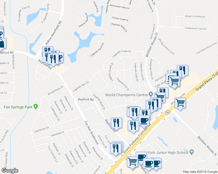 map of restaurants, bars, coffee shops, grocery stores, and more near 3046 East Legends Bend Drive in Spring