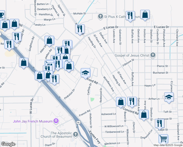 map of restaurants, bars, coffee shops, grocery stores, and more near 3870 Ernestine Drive in Beaumont