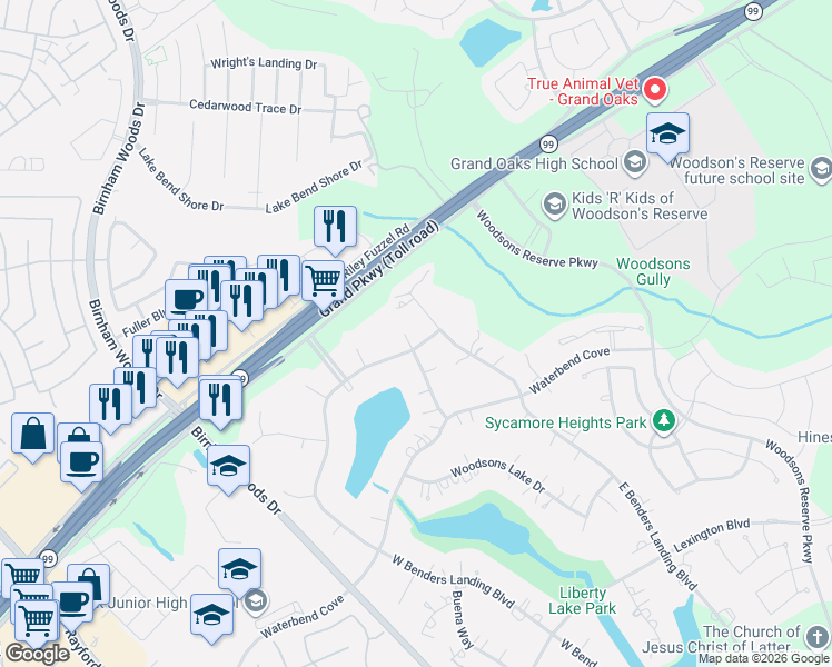 map of restaurants, bars, coffee shops, grocery stores, and more near in Oak Ridge North