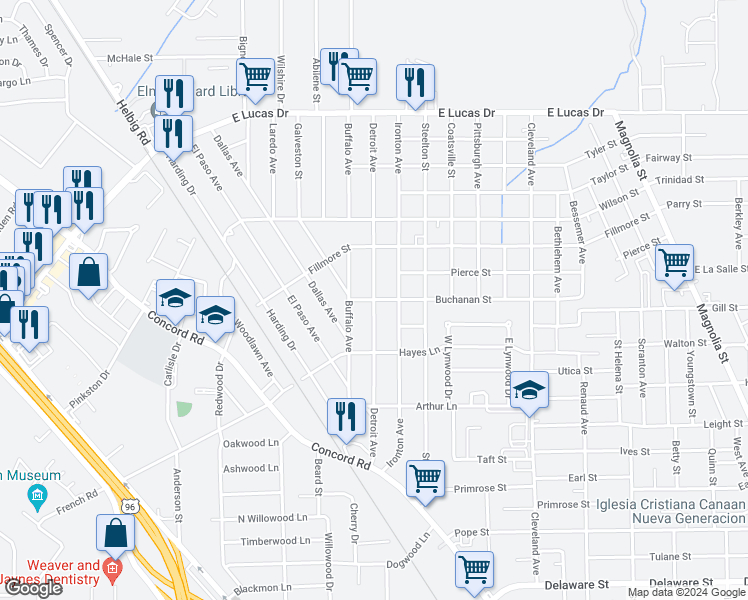 map of restaurants, bars, coffee shops, grocery stores, and more near 4198 Detroit Avenue in Beaumont