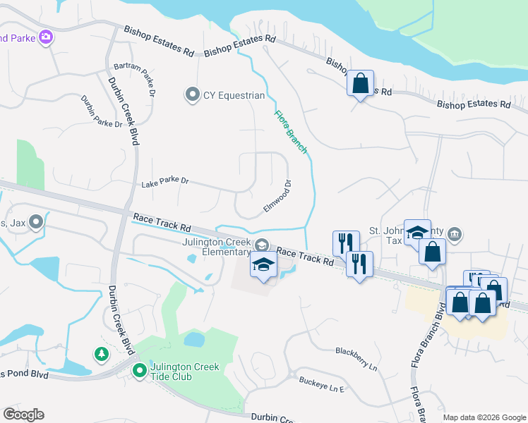 map of restaurants, bars, coffee shops, grocery stores, and more near 152 Elmwood Drive in Saint Johns