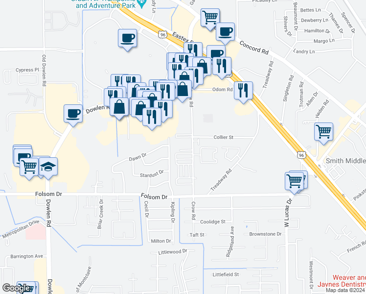 map of restaurants, bars, coffee shops, grocery stores, and more near 4025 Crow Road in Beaumont