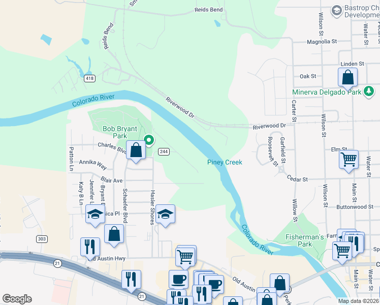 map of restaurants, bars, coffee shops, grocery stores, and more near 114 Shoreline Drive in Bastrop