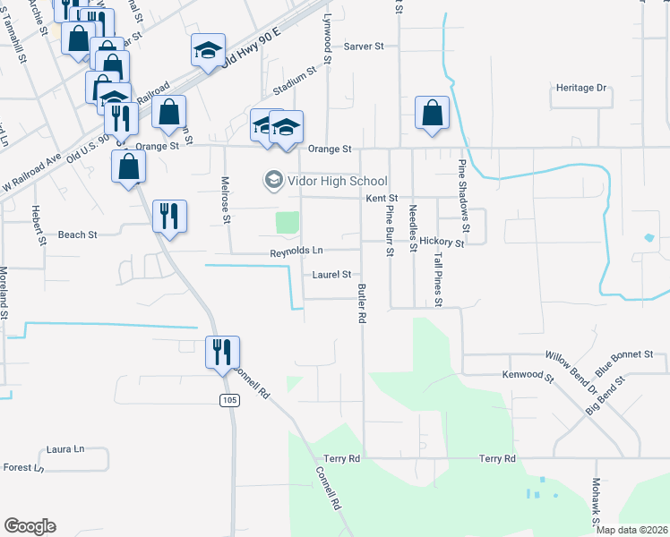 map of restaurants, bars, coffee shops, grocery stores, and more near 765 Laurel Street in Vidor