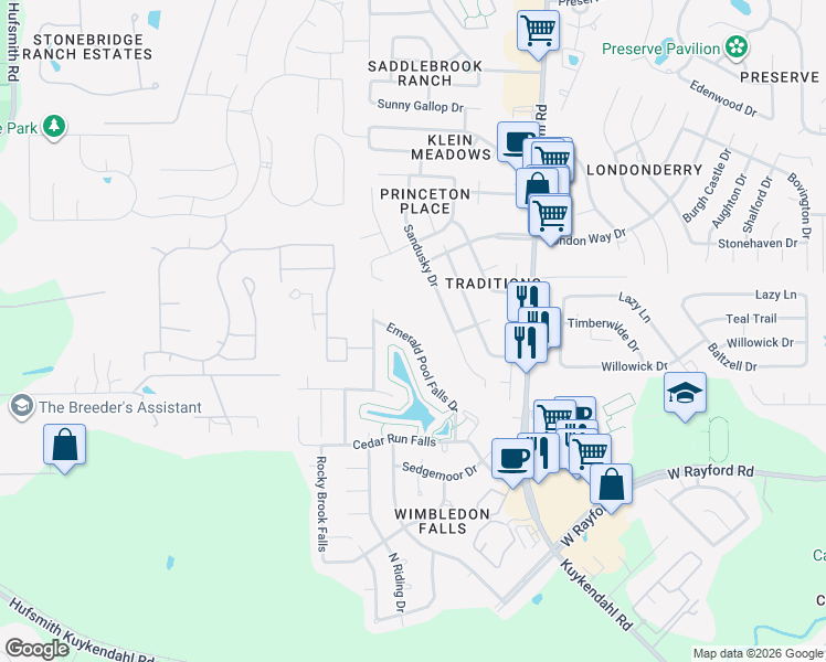 map of restaurants, bars, coffee shops, grocery stores, and more near 24638 Emerald Pool Falls Drive in Tomball