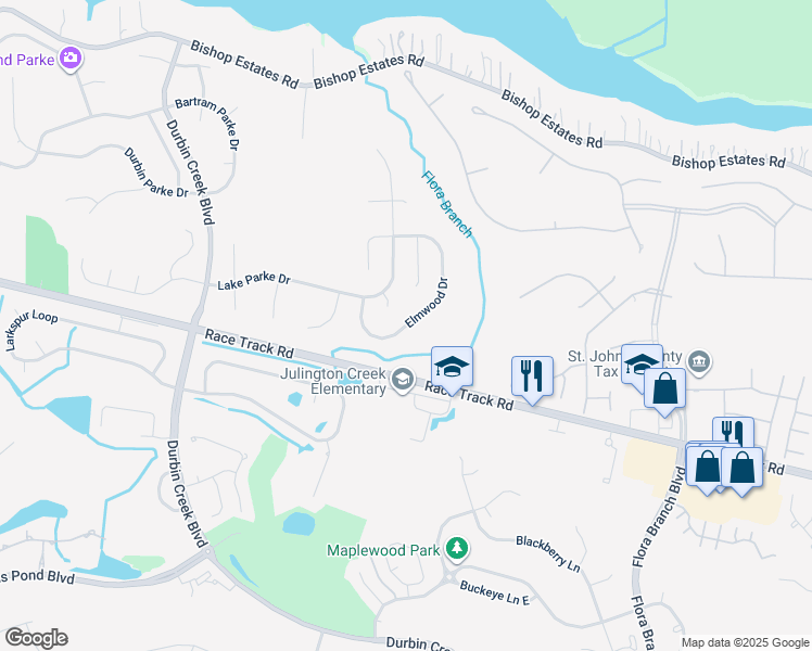 map of restaurants, bars, coffee shops, grocery stores, and more near 152 Elmwood Drive in Saint Johns