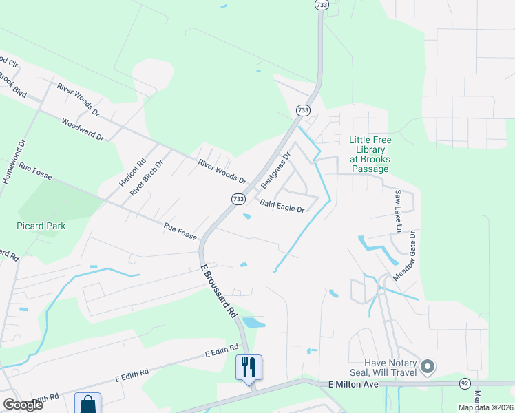map of restaurants, bars, coffee shops, grocery stores, and more near 102 Bald Eagle Drive in Lafayette