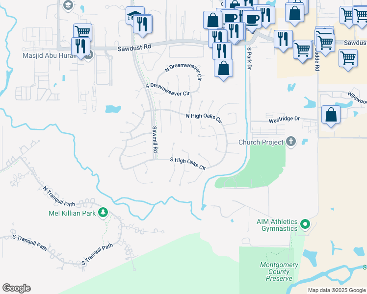 map of restaurants, bars, coffee shops, grocery stores, and more near 36 North Rain Forest Court in Spring
