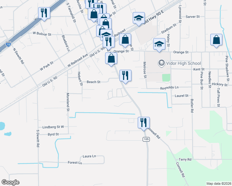 map of restaurants, bars, coffee shops, grocery stores, and more near 195 Vidor Drive in Vidor