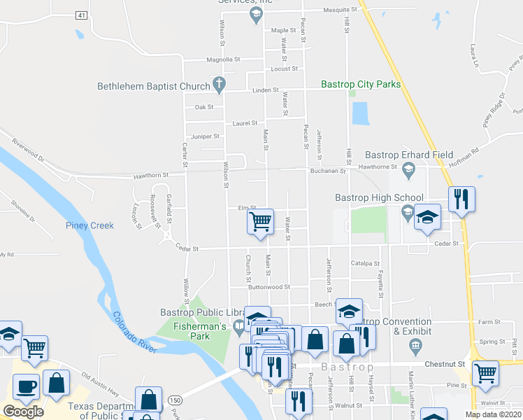 map of restaurants, bars, coffee shops, grocery stores, and more near 1710 Main Street in Bastrop