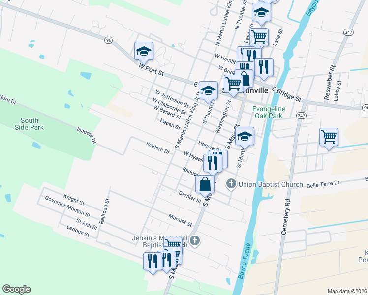 map of restaurants, bars, coffee shops, grocery stores, and more near 630 South Theater Street in Saint Martinville