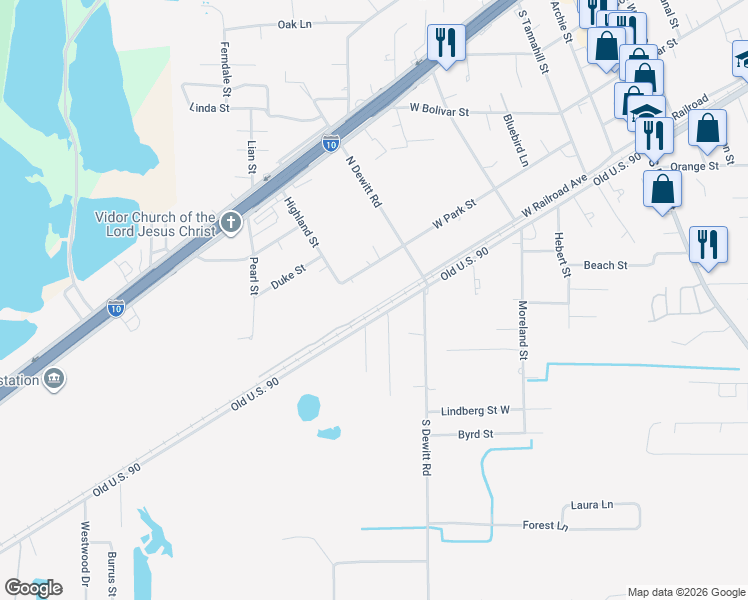 map of restaurants, bars, coffee shops, grocery stores, and more near 840 Old U.S. 90 in Vidor