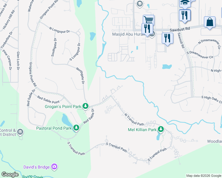 map of restaurants, bars, coffee shops, grocery stores, and more near 205 Grogans Point Road in Spring