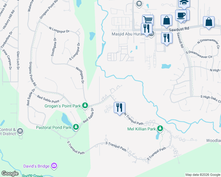 map of restaurants, bars, coffee shops, grocery stores, and more near 205 Grogans Point Road in Spring