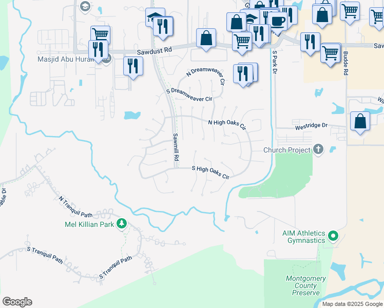 map of restaurants, bars, coffee shops, grocery stores, and more near 19 North Summer Star Court in Spring