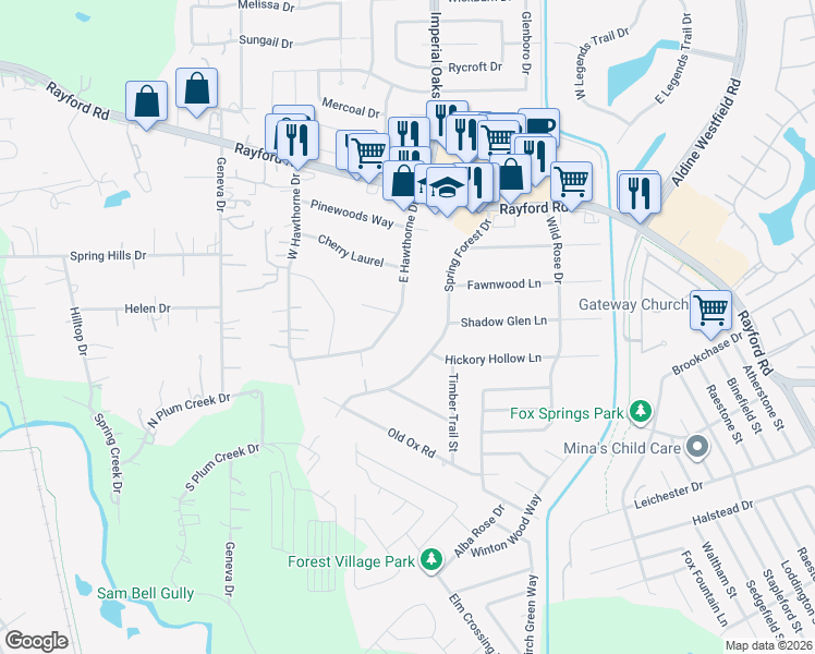 map of restaurants, bars, coffee shops, grocery stores, and more near 29705 Spring Forest Drive in Spring