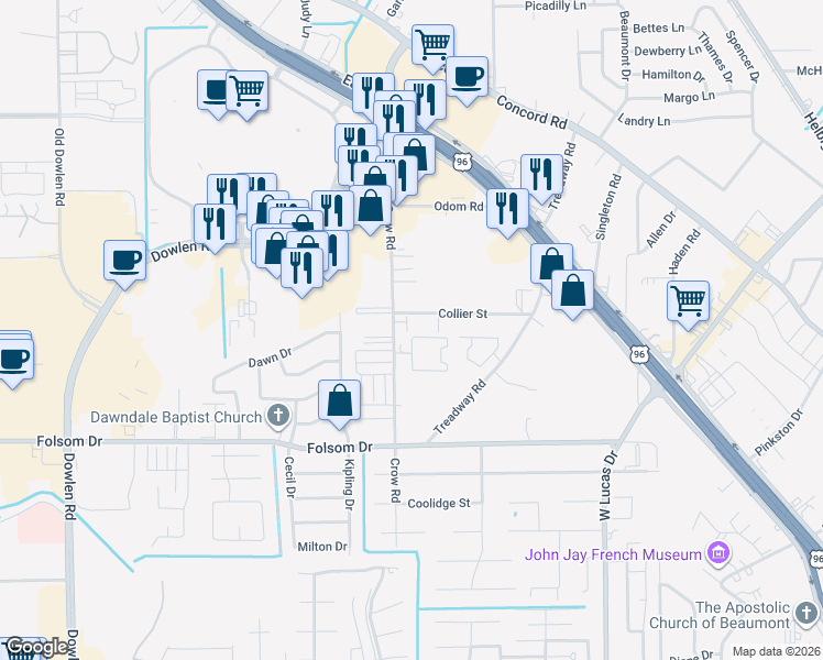 map of restaurants, bars, coffee shops, grocery stores, and more near 4040 Crow Road in Beaumont