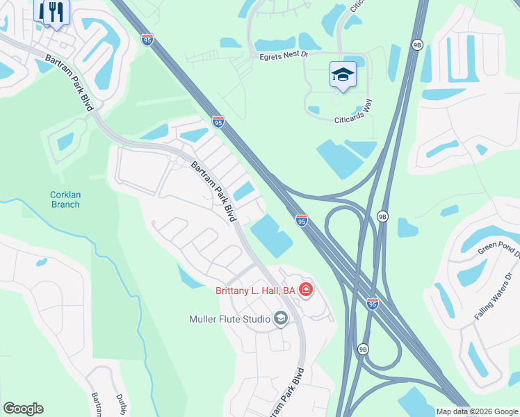 map of restaurants, bars, coffee shops, grocery stores, and more near Dovewind Court in Jacksonville