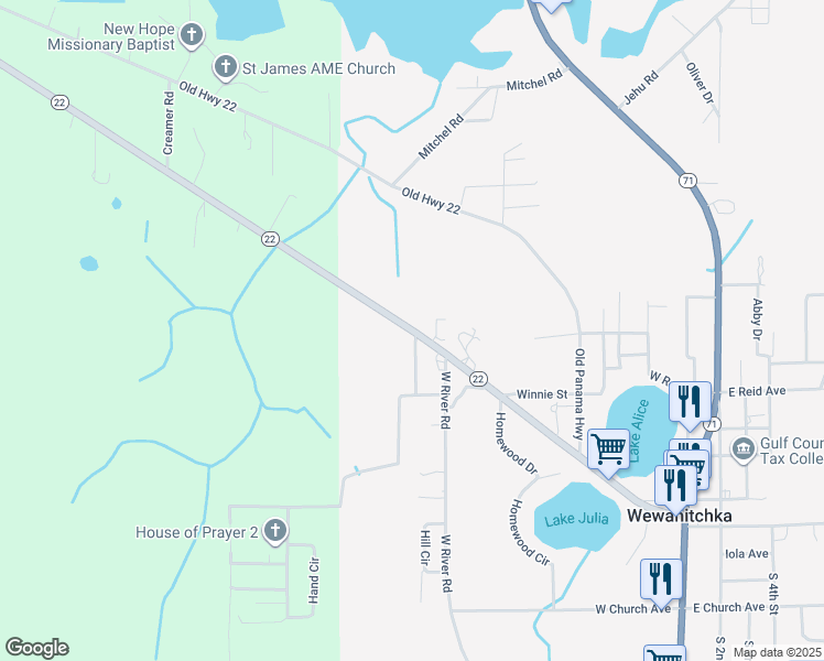 map of restaurants, bars, coffee shops, grocery stores, and more near 812 Florida 22 in Wewahitchka