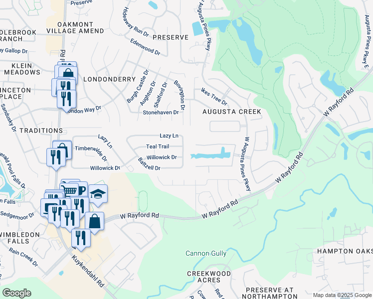 map of restaurants, bars, coffee shops, grocery stores, and more near 7802 Willowick Drive in Spring