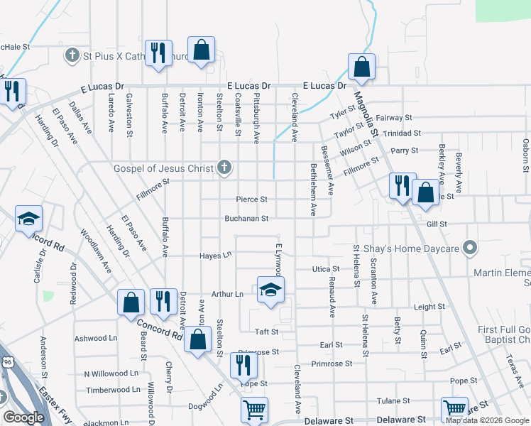 map of restaurants, bars, coffee shops, grocery stores, and more near 2367 Buchanan Street in Beaumont