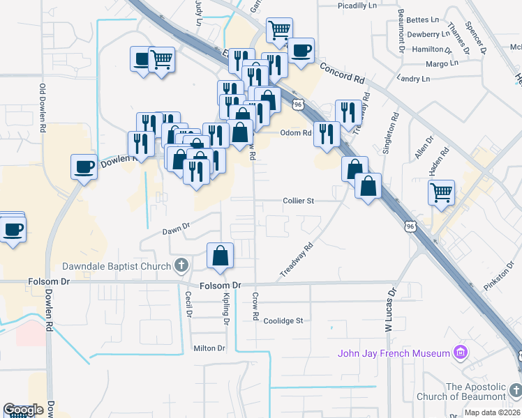 map of restaurants, bars, coffee shops, grocery stores, and more near 4040 Crow Road in Beaumont