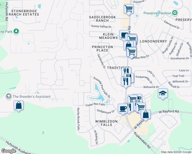 map of restaurants, bars, coffee shops, grocery stores, and more near 24638 Emerald Pool Falls Drive in Tomball