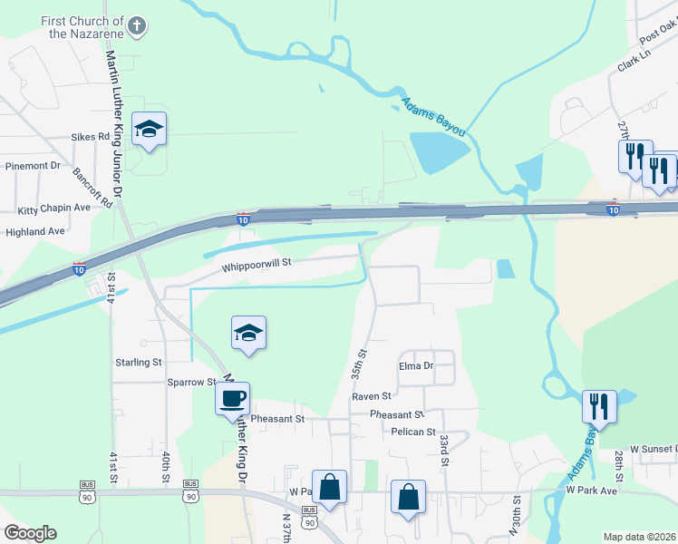 map of restaurants, bars, coffee shops, grocery stores, and more near 3625 Whippoorwill Street in Orange