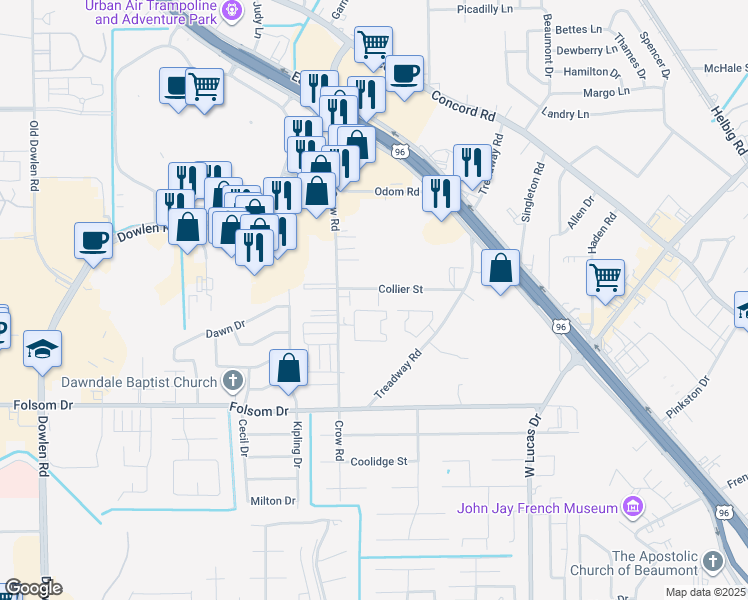 map of restaurants, bars, coffee shops, grocery stores, and more near 4695 Collier Street in Beaumont