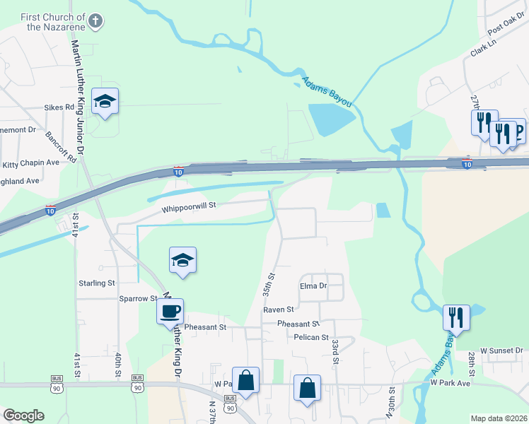 map of restaurants, bars, coffee shops, grocery stores, and more near 3625 Whippoorwill Street in Orange