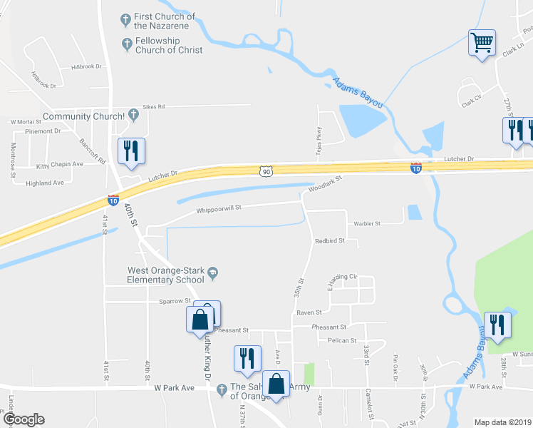 map of restaurants, bars, coffee shops, grocery stores, and more near 3719 Whippoorwill Street in Orange