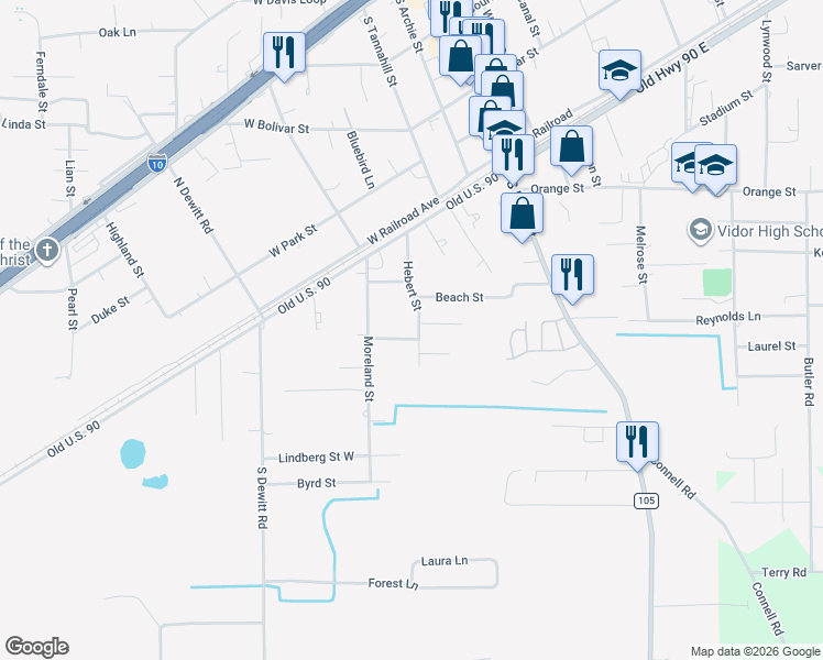 map of restaurants, bars, coffee shops, grocery stores, and more near 280 Hebert Street in Vidor
